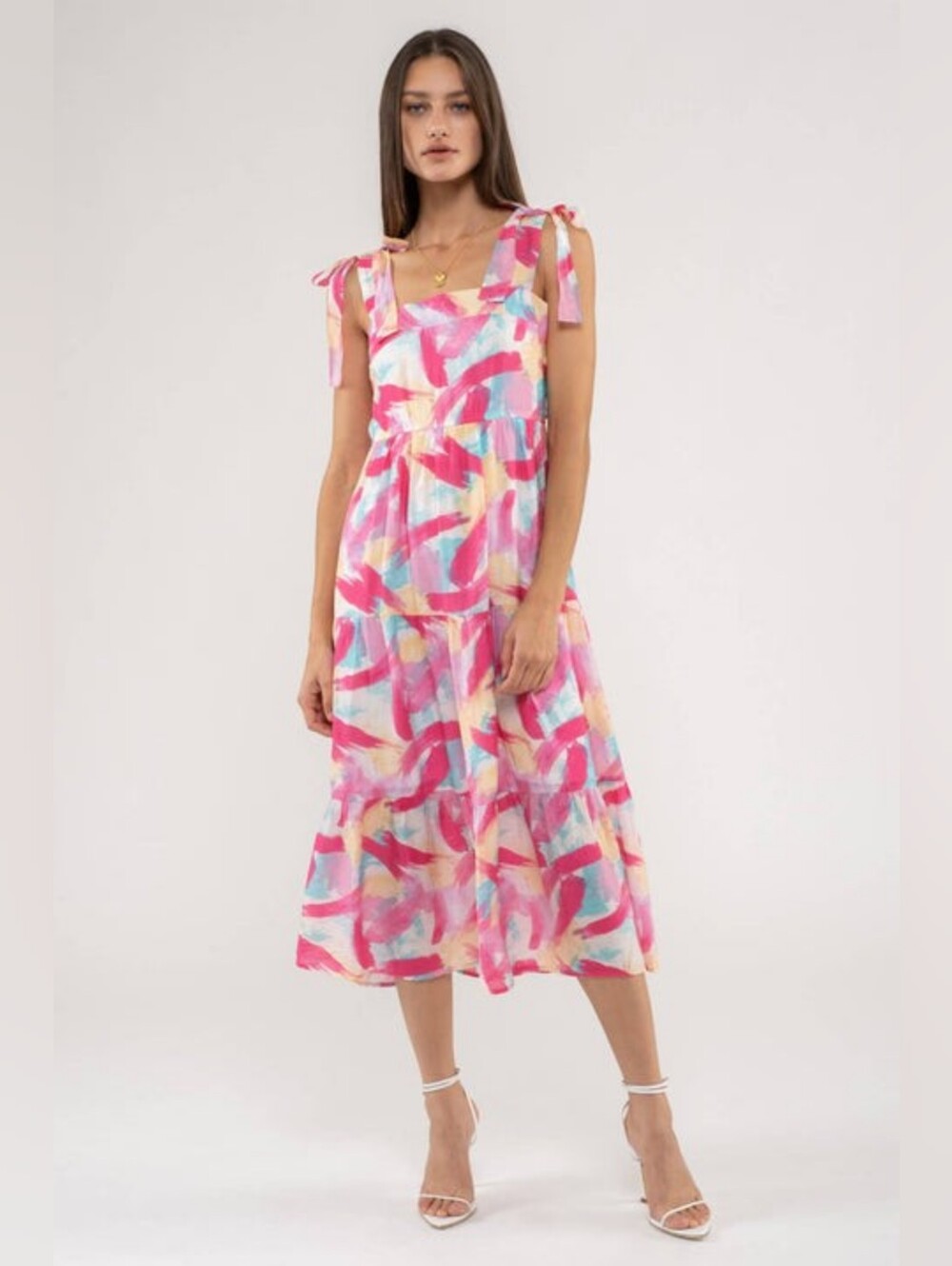 Blu Pepper Brush Stroke Print Tiered Midi Dress
